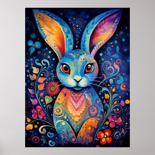 Dotty Delight: Regenboog Doodle Konijn Poster (Voorkant)