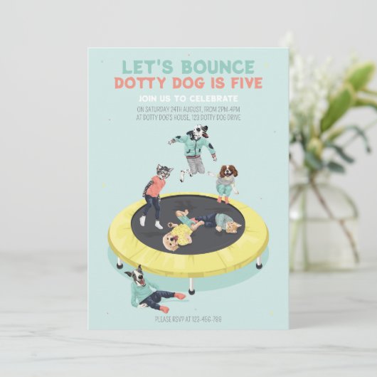 Dotty Dog Bounce op Trampoline 5th Verjaardagsfees Kaart (Staand voorkant)