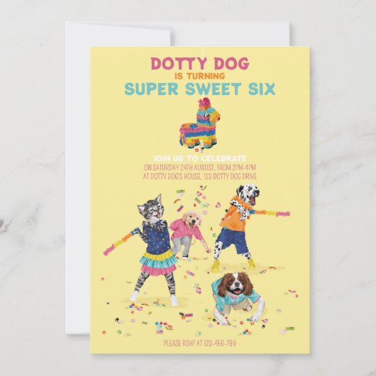 Dotty Dog Piñata Super Lief Zes Verjaardagsfeest Kaart (Voorkant)