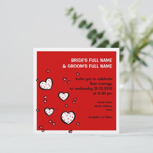 Dotty Hearts red Square Weddenschap Kaart (Staand voorkant)