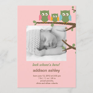 Dotty Owls Baby Girl Birth Notice Aankondiging
