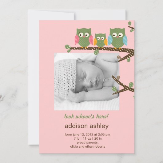 Dotty Owls Baby Girl Birth Notice Aankondiging (Voorkant)