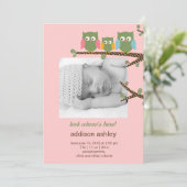 Dotty Owls Baby Girl Birth Notice Aankondiging (Staand voorkant)