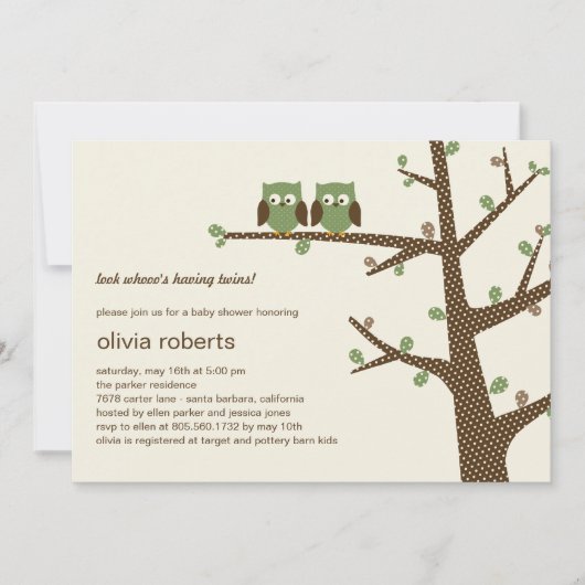 Dotty Owls Twins Baby shower Invitation Kaart (Voorkant)