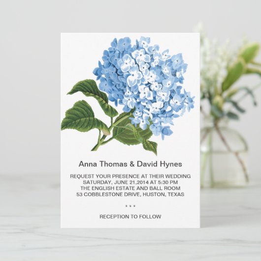 DOUANE BLUE HYDRANGEA PERSONALISEERD WEDDING KAART (Staand voorkant)