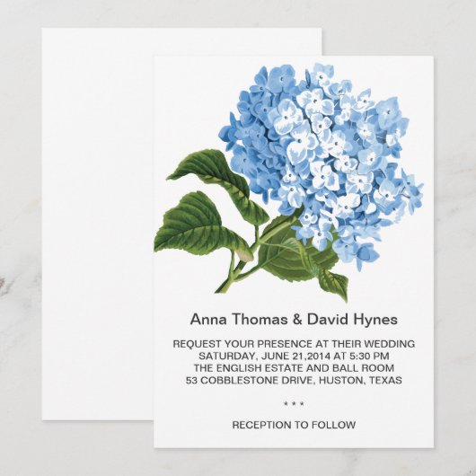 DOUANE BLUE HYDRANGEA PERSONALISEERD WEDDING KAART (Voorkant / Achterkant)