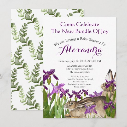 Douane Bunny Rabbit Paars Iris Floral Baby shower (Voorkant / Achterkant)
