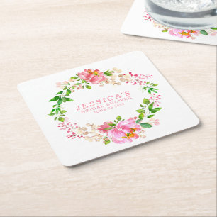 Douane Cute Pink Waterverf Flowers Shower Name Kartonnen Onderzetters