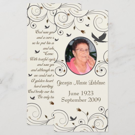 Douane Flowers en Swirls Memorial Keepsakes Poem (Voorkant / Achterkant)