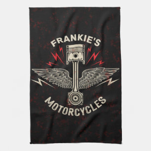 Douane Naam Motor Zuiger Vleugels Biker Garage Theedoek