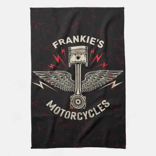 Douane Naam Motor Zuiger Vleugels Biker Garage Theedoek (Verticaal)