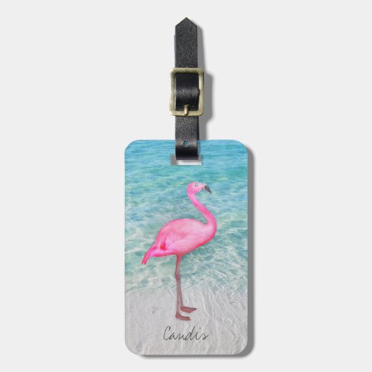 Douane Roze Flamingo Tropical Sandy Beach Modern Bagagelabel (Voorkant verticaal)