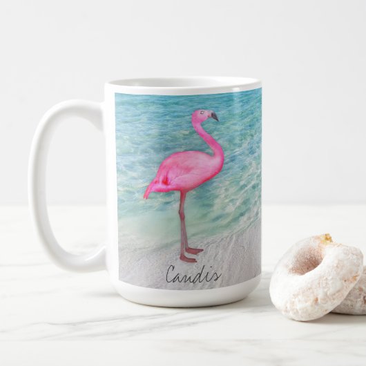 Douane Roze Flamingo Tropical Sandy Beach Modern Koffiemok (Met donut)