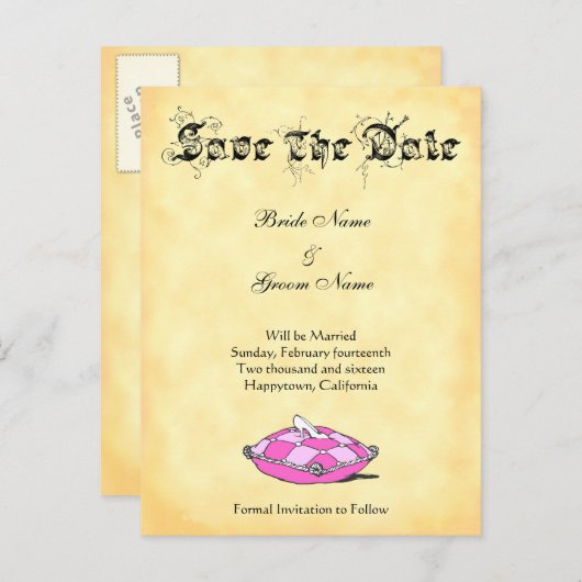 Douane sparen de Datum Assepoester Schuif op Roze Aankondigingskaart (Voorkant / Achterkant)