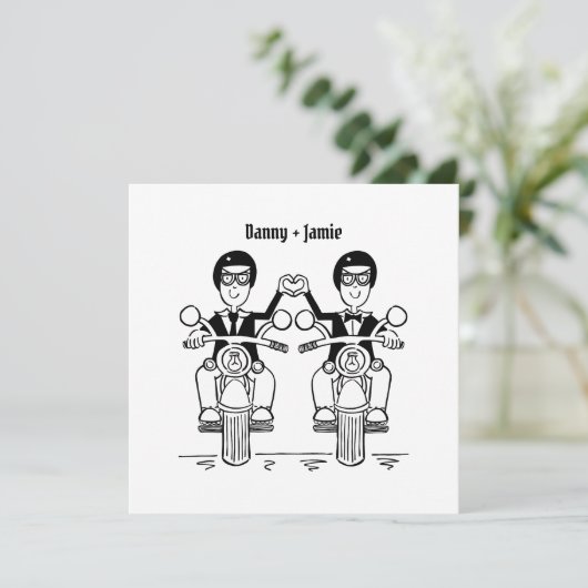 Douane Twee Grooms Biker Motorfiets Bruiloft Kaart (Staand voorkant)
