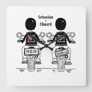 Douane Twee Grooms Biker Motorfiets Bruiloft Vierkante Klok