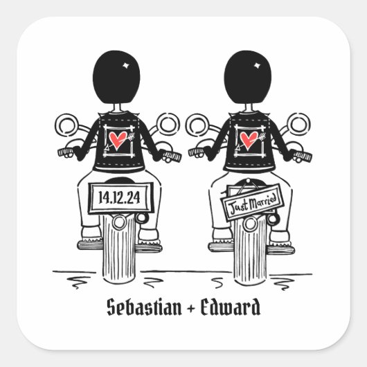 Douane Twee Grooms Biker Motorfiets Bruiloft Vierkante Sticker (Voorkant)