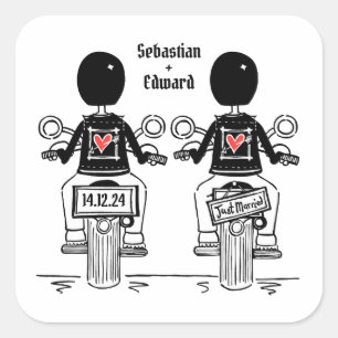 Douane Twee Grooms Biker Motorfiets Bruiloft Vierkante Sticker