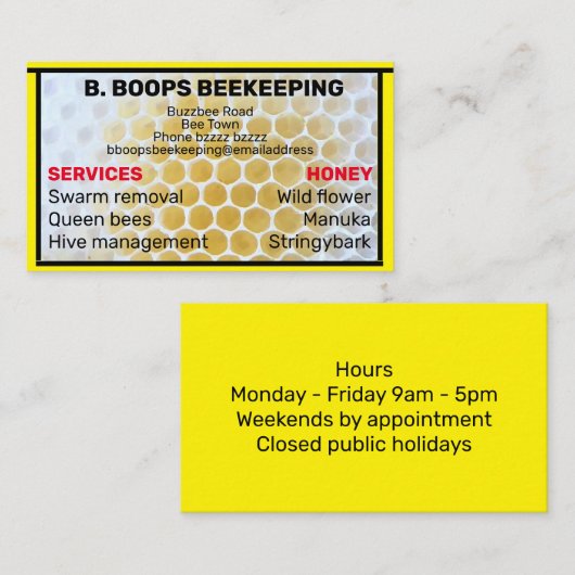 DOUANEHONEYCOMB-LIJST BEEKEEPNAAM VISITEKAARTJE (Voorkant / Achterkant)