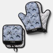 Douanenaam Blauw Vlinderpatroon Ovenwant & Pannenlap Set (Voorkant / Achterkant)