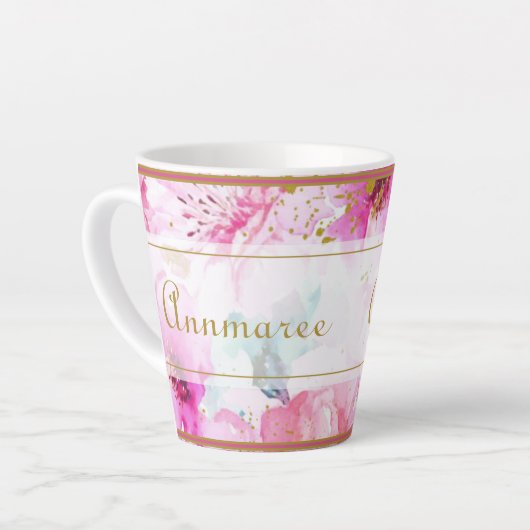  douanenaam Floral Pink en Gold Latte Mok (Linkerhoek)