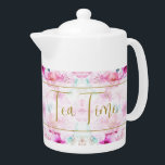 douanenaam Floral Pink en Gold Theepot<br><div class="desc">Prachtige florale vormgeving in roze en wit met gouden sierstrip. Dit schattige vrouwelijke ontwerp is stijlvol, vrouwelijk en volledig luxe. Omvat de optie om de TIJD van TEA in om het even welke tekst te veranderen u voor een echt gepersonaliseerde aanraking wenst. De bloemen in zachte pastelkleuren zijn zeker om...</div>