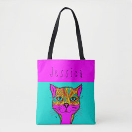 Douanenaam Funky Kleurrijke Kat Paarse Blauwgroen Tote Bag