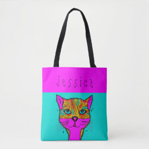Douanenaam Funky Kleurrijke Kat Paarse Blauwgroen Tote Bag