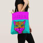 Douanenaam Funky Kleurrijke Kat Paarse Blauwgroen Tote Bag (Dichtbij)