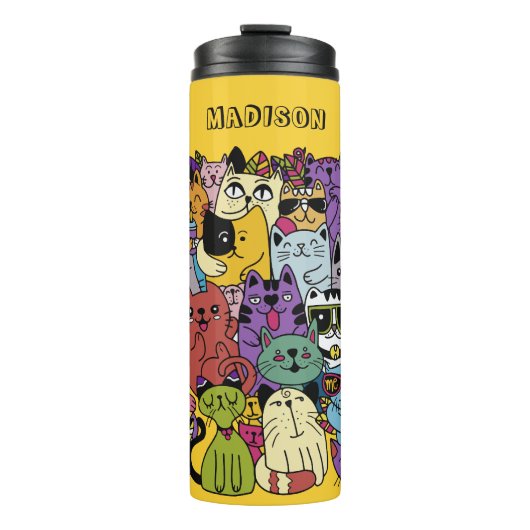 Douanenaam & Kleur Grappige Katten Illustratie Thermosbeker (Voorkant)