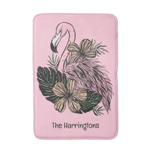 Douanenaam & Kleur Roze Flamingo Badmat (Voorkant Verticaal)
