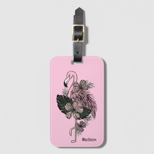 Douanenaam & Kleur Roze Flamingo Bagagelabel (Voorkant (verticaal))