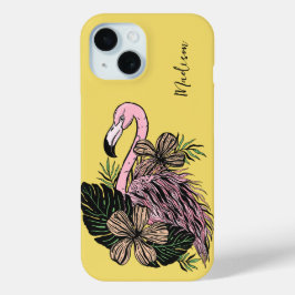 Douanenaam & Kleur Roze Flamingo iPhone 15 Case