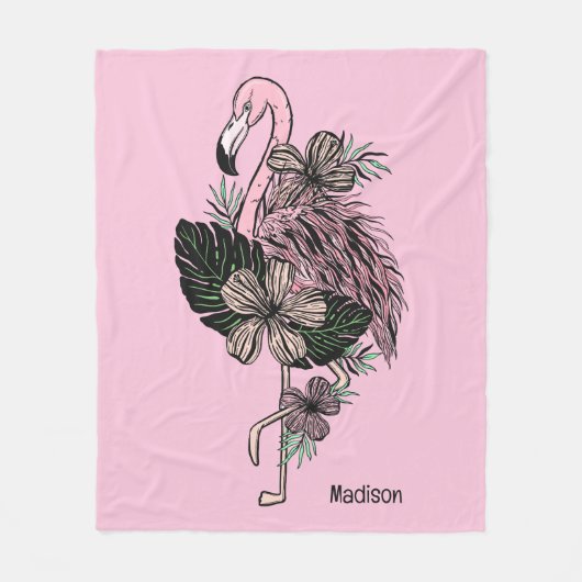 Douanenaam & Kleur Roze Flamingo Fleece Deken (Voorkant)