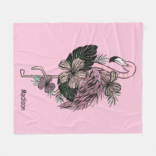 Douanenaam & Kleur Roze Flamingo Fleece Deken (Voorkant (Horizontaal))