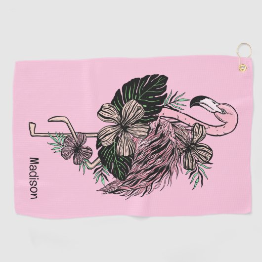Douanenaam & Kleur Roze Flamingo Golfhanddoek (Horizontaal)