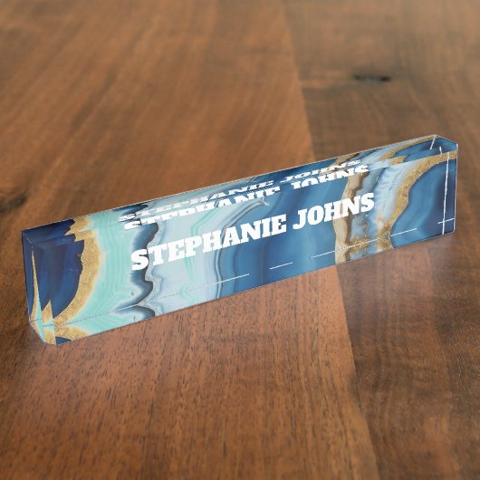 Douanenaam Monogram Blauwe Agaat Turquoise Goud Naambordje (Zijkant)