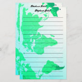 Douanenaam Monogram Gevoerde Wereldkaart Groen Bla Briefpapier (Voorkant / Achterkant)