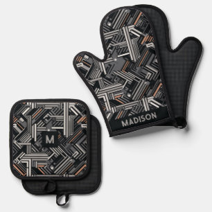 Douanenaam & Monogram Industrieel Patroon Ovenwant & Pannenlap Set
