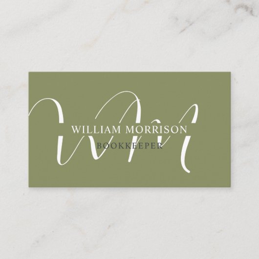 Douanenaam Mos Sage Olijfgroen Wit Monogram Visitekaartje (Voorkant)
