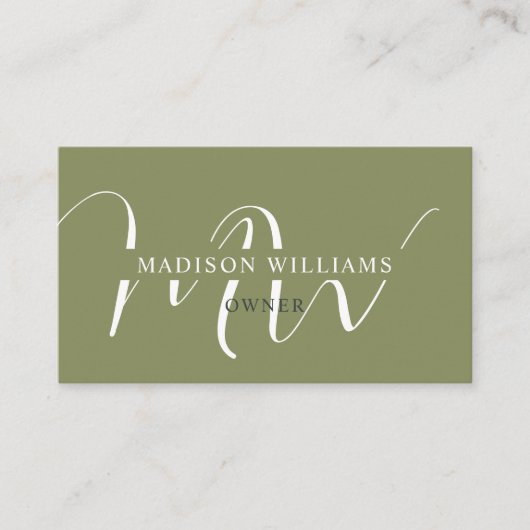 Douanenaam Mos Sage Olijfgroen Wit Monogram Visitekaartje (Voorkant)