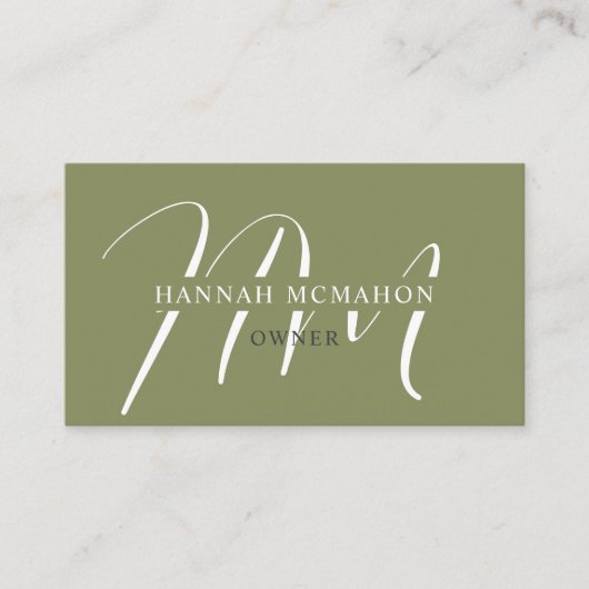 Douanenaam Mos Sage Olijfgroen Wit Monogram Visitekaartje (Voorkant)