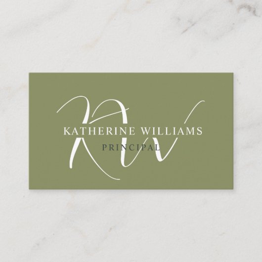 Douanenaam Mos Sage Olijfgroen Wit Monogram Visitekaartje (Voorkant)