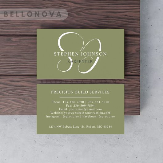 Douanenaam Mos Sage Olijfgroen Wit Monogram Visitekaartje