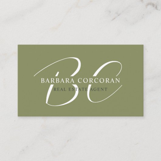Douanenaam Mos Sage Olijfgroen Wit Monogram Visitekaartje (Voorkant)