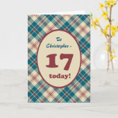 Douanenaam Rood Blauw Plaid 17de Verjaardag Kaart (Gele Bloem)