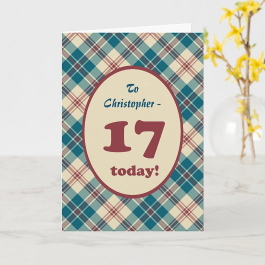 Douanenaam Rood Blauw Plaid 17de Verjaardag Kaart (Gele Bloem)