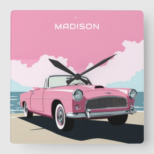 Douanenaam Roze Klassieke Auto Vierkante Klok (Voorkant)