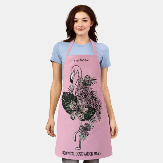 Douanenaam, Tekst & Kleur Roze Flamingo Schort (Gedragen)