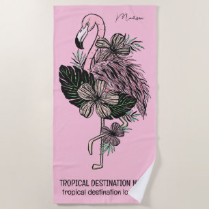 Douanenaam, Tekst & Kleur Roze Flamingo Strandlaken